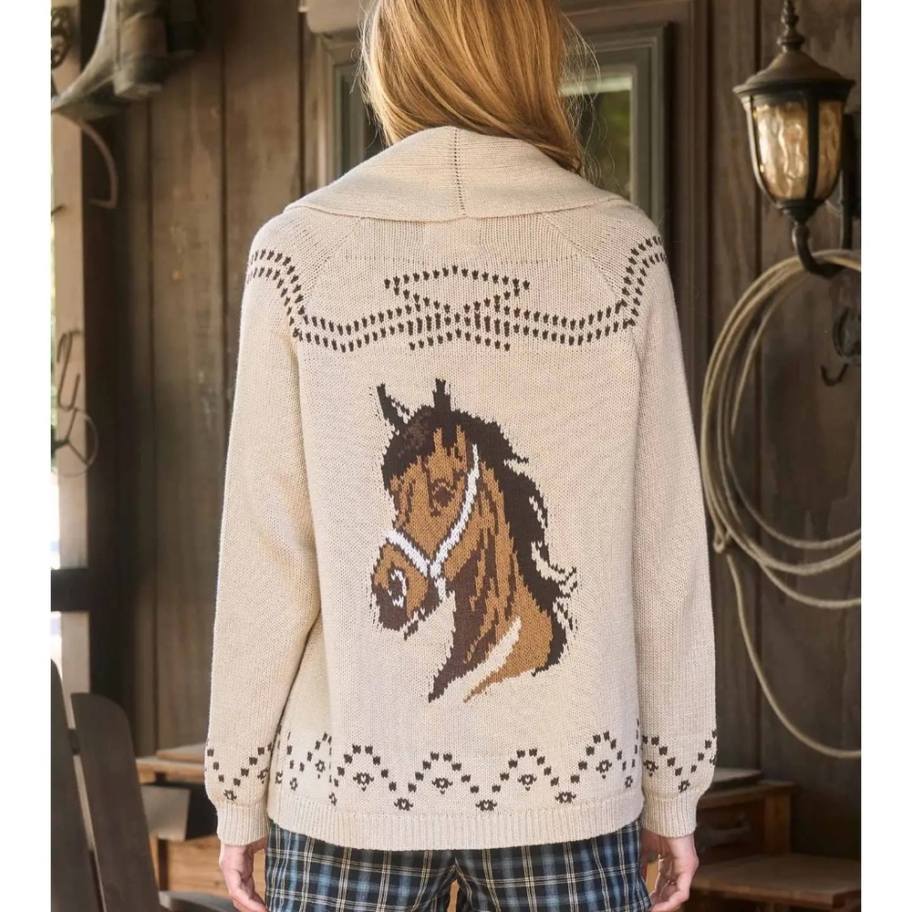Last 1! NWT Western  Horse Jacquard Shawl Knit Cardigan in Beige